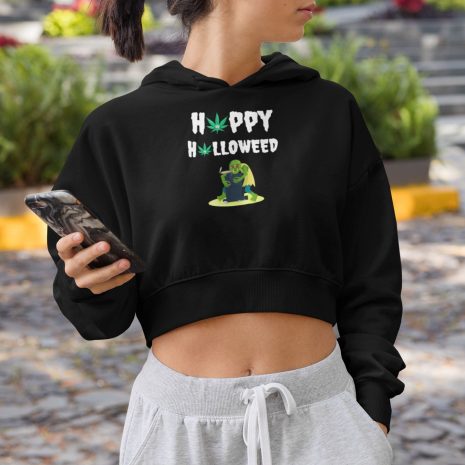 Happy Halloweed Zombie Womens Black Crop Hoodie