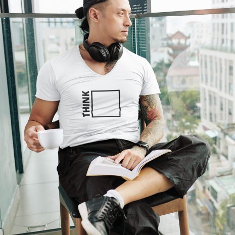 Think Outside The Box- Men's White V-Neck T-shirt Think Outside The Box- Men's White V-Neck T-shirt