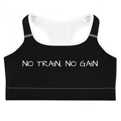 all-over-print-sports-bra-white-front-6240639c54e1e.jpg No Train No Gain Black Inspirational Sports Bra